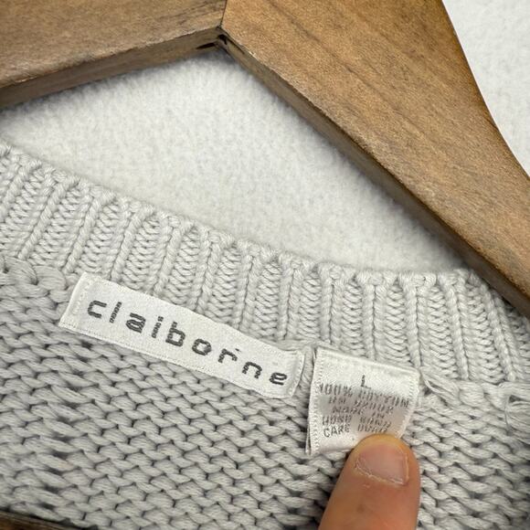 Vintage Claiborne Cardigan Sweater Mens Large Gray Chunky Cable Knit Grandpa 90s - Picture 2 of 8